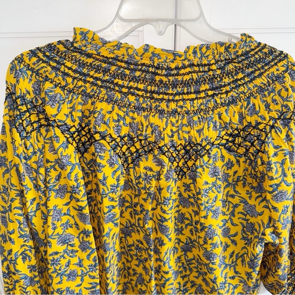 ZARA Floral Print Smocked Tie Neck Blouse Mustard/Blue Sz XLarge Boho Cotton - Picture 13 of 16